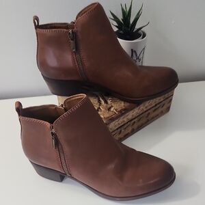 Lucky Brand Cognac Brown Leather Ankle Booties with Side Zip